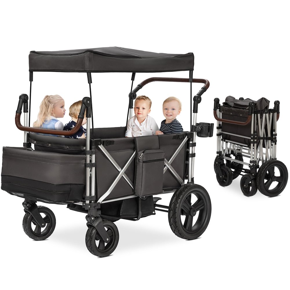 Real Relax 4 Seater Wagon Stroller for Kids, Foldable Kids Wagon with 5-Point Safety Harness, All-Terrain Stroller Wagons with Removable UV-Protection Canopy, Adjustable Handlebar