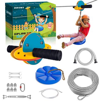 ZEROMX Zip Line Kit for Kids and Adults Outdoor, UFO Trolley 75/100/120/150ft Zipline for Backyard, Up to 350 Lbs, Included Swing Seat, Ziplines Stainless Steel Brake and Safety Cable