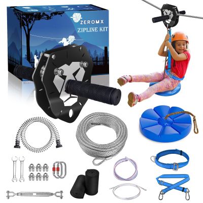 ZEROMX 75ft/100ft/120ft/150ft Zip Line Kit for Kids and Adults Up to 380lb  Upgraded Removable Lion Trolley, 6.5ft Spring Brake, Tree Protectors, Safety Harness & Seat  Backyard Zipline Set