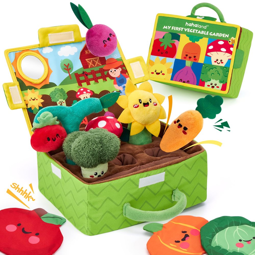 hahaland Baby Toys 6-12 Months - Fruits Vegetables Garden Plant Plush - 6 Month Old Toys Montessori Sensory Toy Carrot Flower with Rattles Mirror Squeaker Textures Crinkle Tissues Easter Baby Gifts