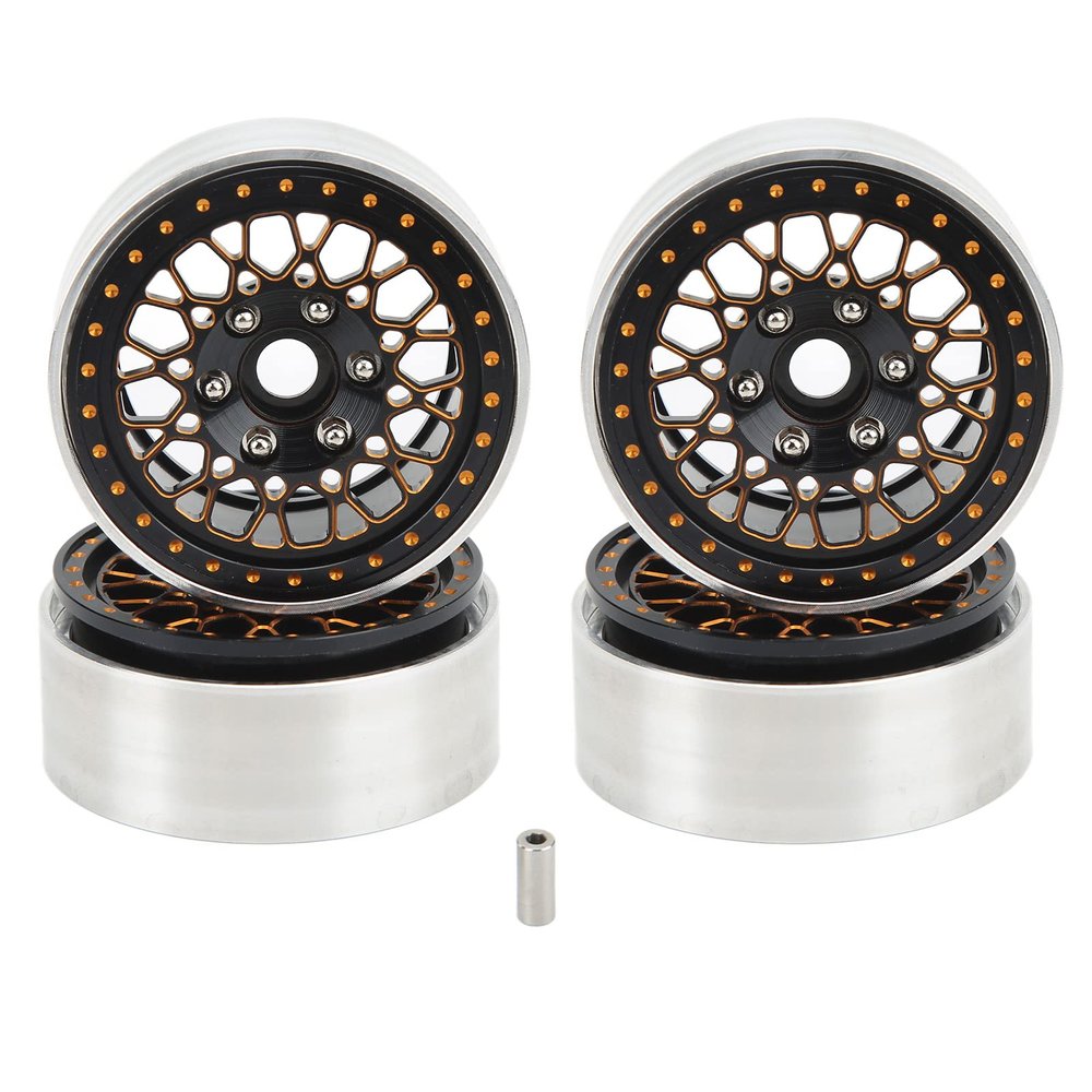 4Pcs 1.9in Crawler Wheel Hub, RC Aluminium Alloy Crawler Car Rims, CNC Machined Beadlock Design, Wear Resistant, Stable Performance, for Axial SCX10 90046 1/10 RC Crawler Car (Black Gold)