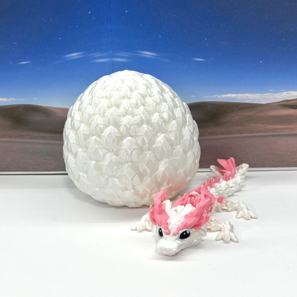 3D Printed Baby Dragon with Egg, 6" White and Pink Easter, Gemstone, Rose, Sushi, Woodland Baby Dragon, Fidget ADHD Autism Toy BD007WP-WE (Woodland Baby Dragon)
