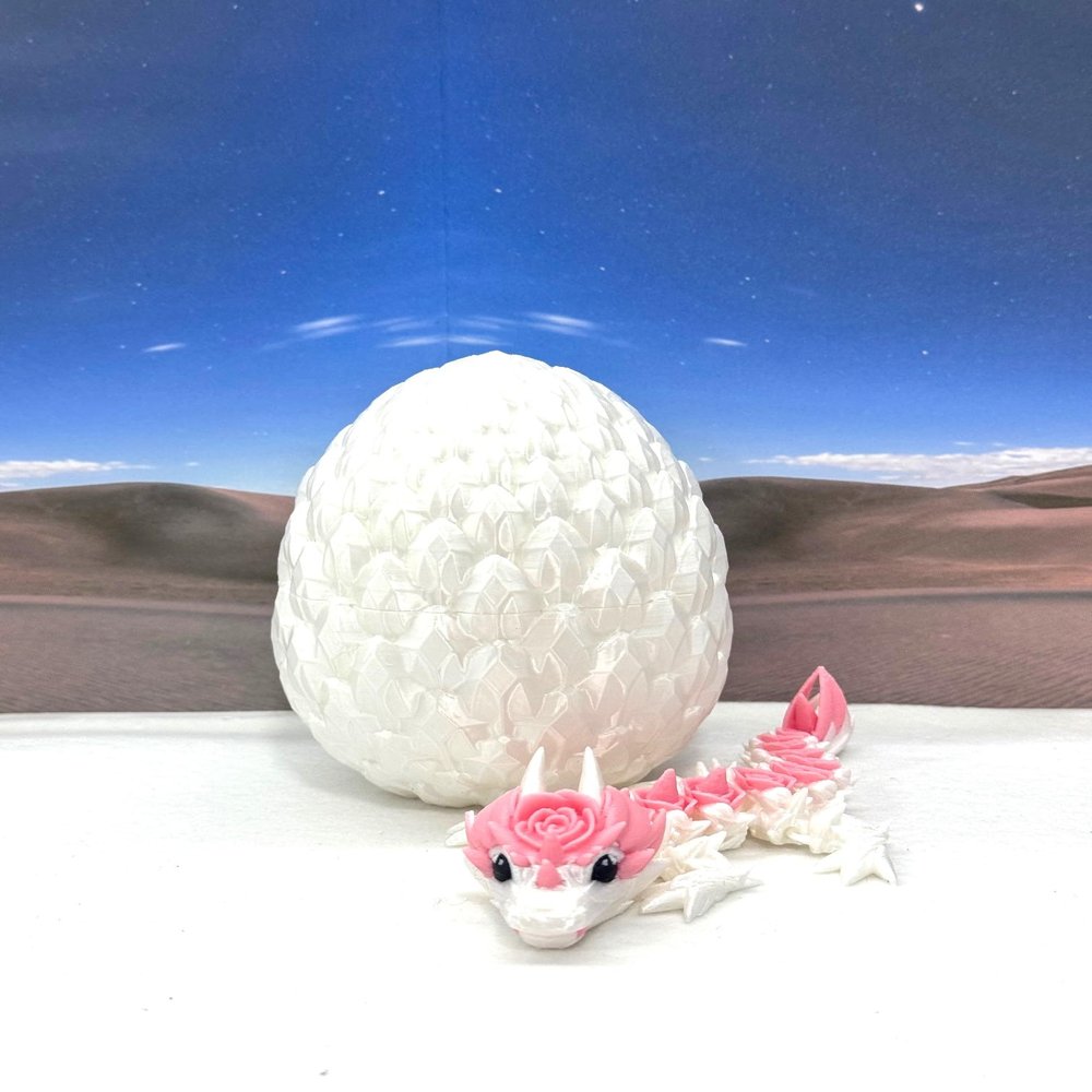 3D Printed Baby Dragon with Egg, 6" White and Pink Easter, Gemstone, Rose, Sushi, Woodland Baby Dragon, Fidget ADHD Autism Toy BD007WP-WE (Rose Baby Dragon)