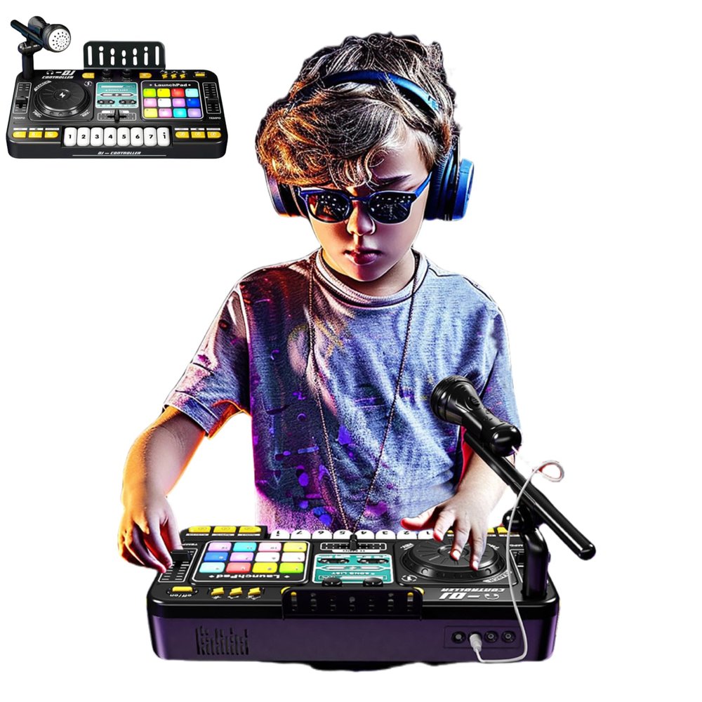 Johehe Rechargeable Kids DJ Mixer, LED Light Show & Karaoke Microphone - Interactive Music Toy with 12 Sound Keys, 8 Piano Keys & Custom Recording for Ages 4-8+