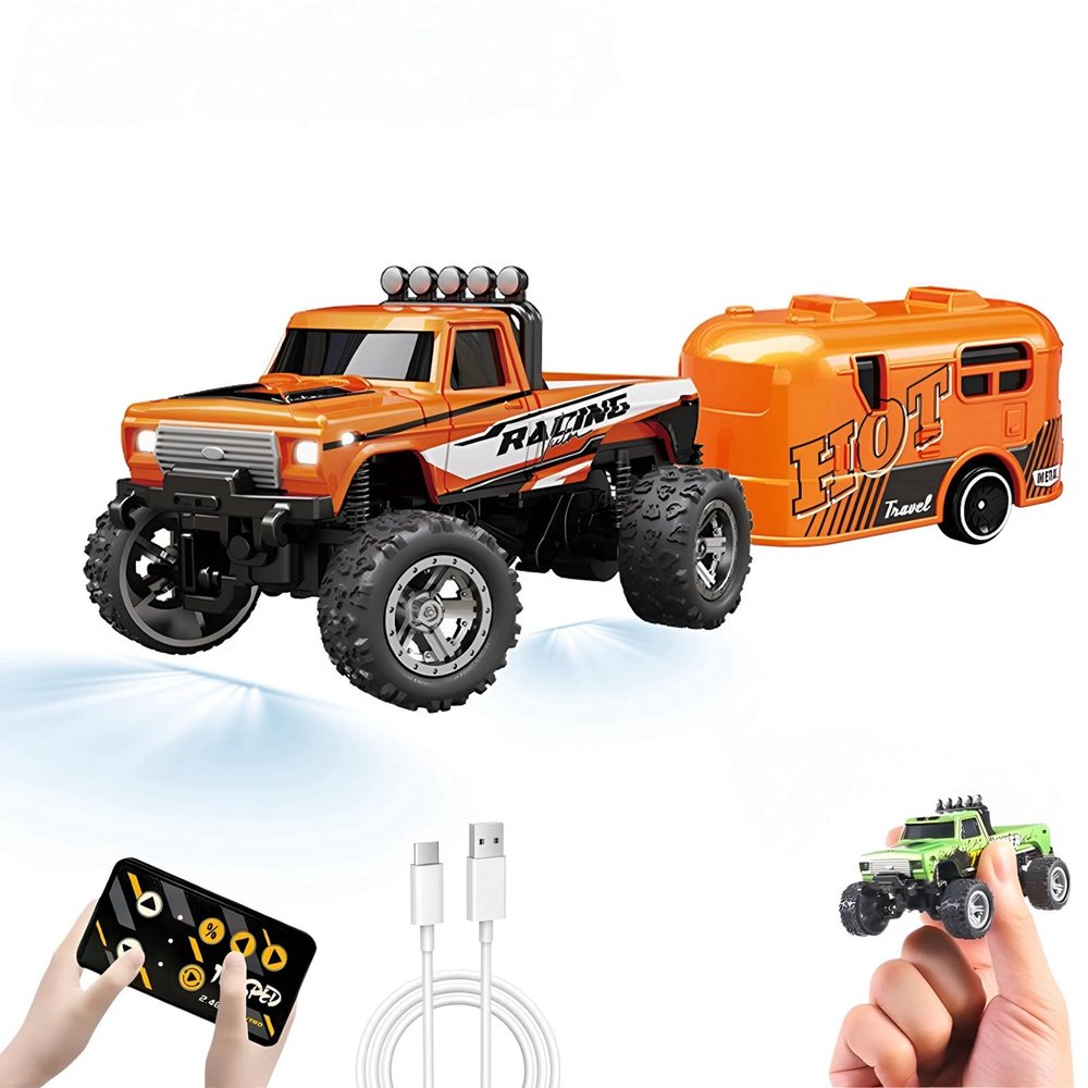 EXVQMU Mini RC Car, 1/64 Scale Mini Remote Control Monster Truck with Trailer, 2.4Ghz & APP Remote Control, Rechargeable Alloy Shell Mini RC Cars with Lights, Speed/Steering Adjustable (Orange)