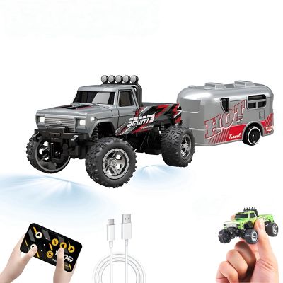 EXVQMU Mini RC Car, 1/64 Scale Mini Remote Control Monster Truck with Trailer, 2.4Ghz & APP Remote Control, Rechargeable Alloy Shell Mini RC Cars with Lights, Speed/Steering Adjustable (Grey)