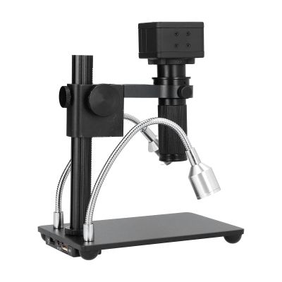 120X Adjustable Zoom Lens 2 Output 5MP Digital Microscope Camera Direction Brightness Adjustment Metal Bracket for Microelectronics Machinery Jewelry (US Plug)