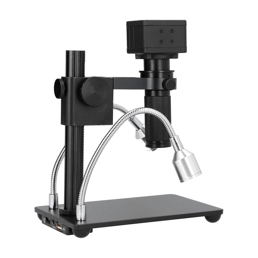 120X Adjustable Zoom Lens 2 Output 5MP Digital Microscope Camera Direction Brightness Adjustment Metal Bracket for Microelectronics Machinery Jewelry (US Plug)