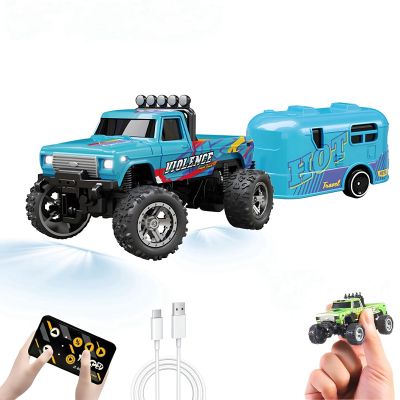 EXVQMU Mini RC Car, 1/64 Scale Mini Remote Control Monster Truck with Trailer, 2.4Ghz & APP Remote Control, Rechargeable Alloy Shell Mini RC Cars with Lights, Speed/Steering Adjustable (Blue)