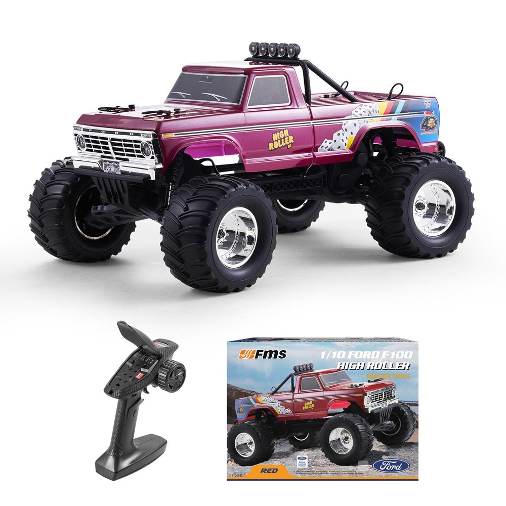 FMS 1/10 Ford F-100 RC Monster Truck, RC Crawler RTR 2WD Off-Road Truck with Wheelie Bar, High-Torque Motor, Hobby Grade Remote Control Car for Adults, High Roller