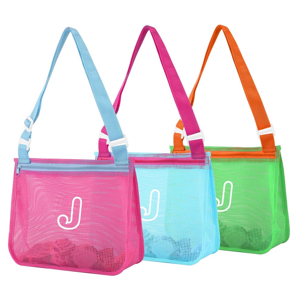 3Pcs Personalized Kids Beach Shell Bag, Initial Seashell Mesh Zipper Beach Pouch, Shell Collecting Bag for Holding Shells with Adjustable Straps, Sand Toys Swim Pouch Gift for Girl Boy Teens(Letter J)