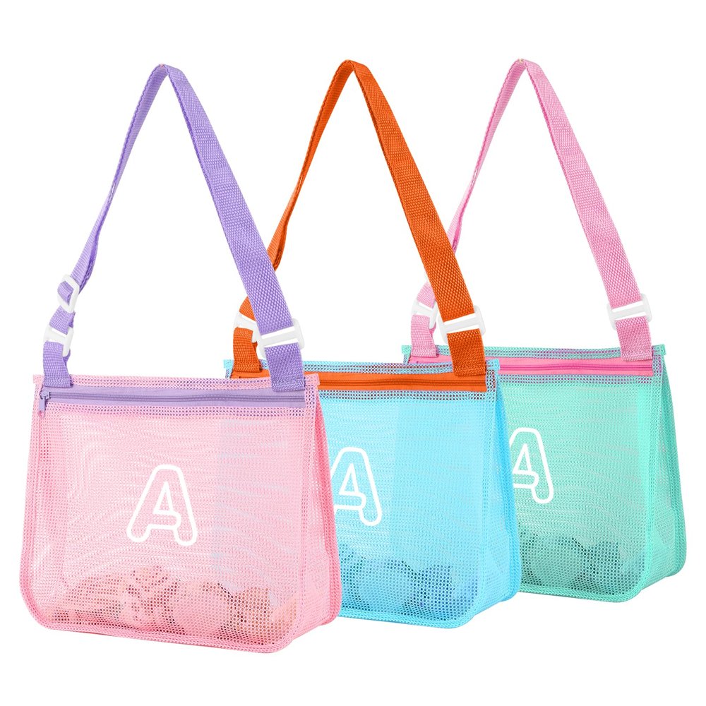 3Pcs Personalized Kids Beach Shell Bag, Initial Seashell Mesh Zipper Beach Pouch, Shell Collecting Bag for Holding Shells with Adjustable Straps, Sand Toys Swim Pouch Gift for Girl Boy Teens(Letter A)