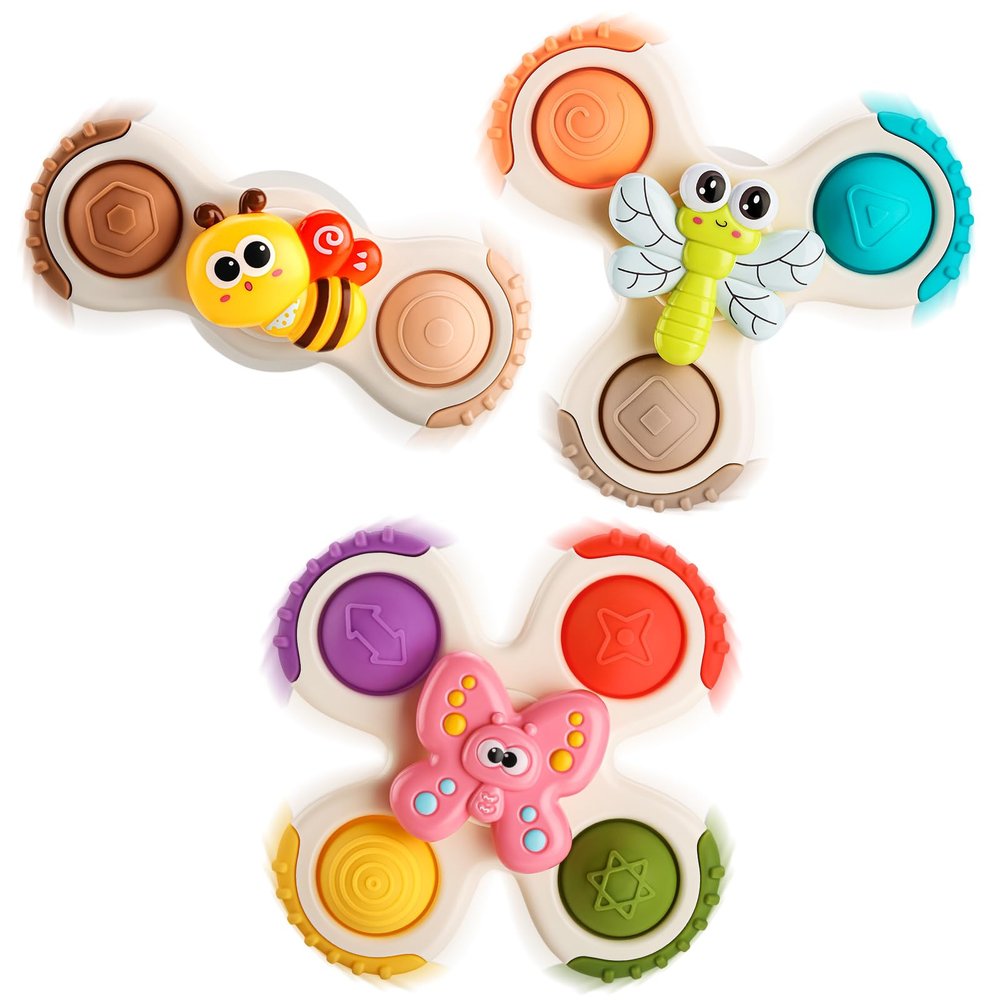 ALASOU 3PCS Pop Suction Cup Spinner Sensory Airplane Travel Toys for 1 2 Year Old Boy Girl Birthday Gift|Novelty Spinning Tops Easter Basket Stuffers for Toddlers Infant|Baby Bath Toy Kids Ages 1-3