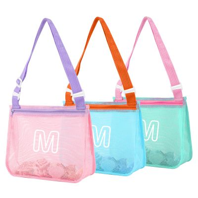 3Pcs Personalized Kids Beach Shell Bag, Initial Seashell Mesh Zipper Beach Pouch, Shell Collecting Bag for Holding Shells with Adjustable Straps, Sand Toys Swim Pouch Gift for Girl Boy Teens(Letter M)