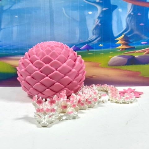 Articulated Dragon and Dragon Egg, 3D Printed White and Pink Cherry Blossom Dragon, 12" Fidget ADHD AutismToy, Executive Desk Toy IHWD068-PE