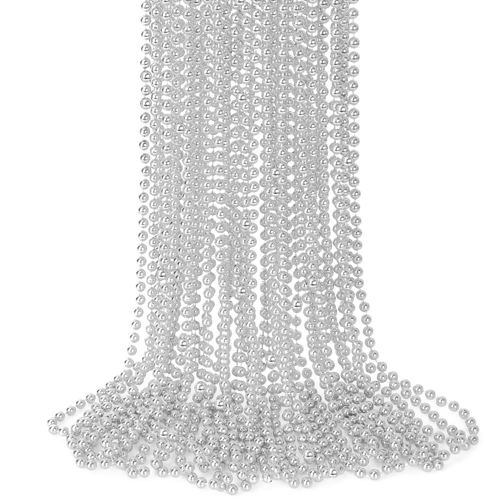 15PCS Bead Necklace, Silver Christmas Bead Stuff Party Favors, 33" Mardi Gras Xmas Silver Beaded Necklace Bulk, Festival Events Parade Throw Accessories for Wedding Birthday Celebrations Decorations