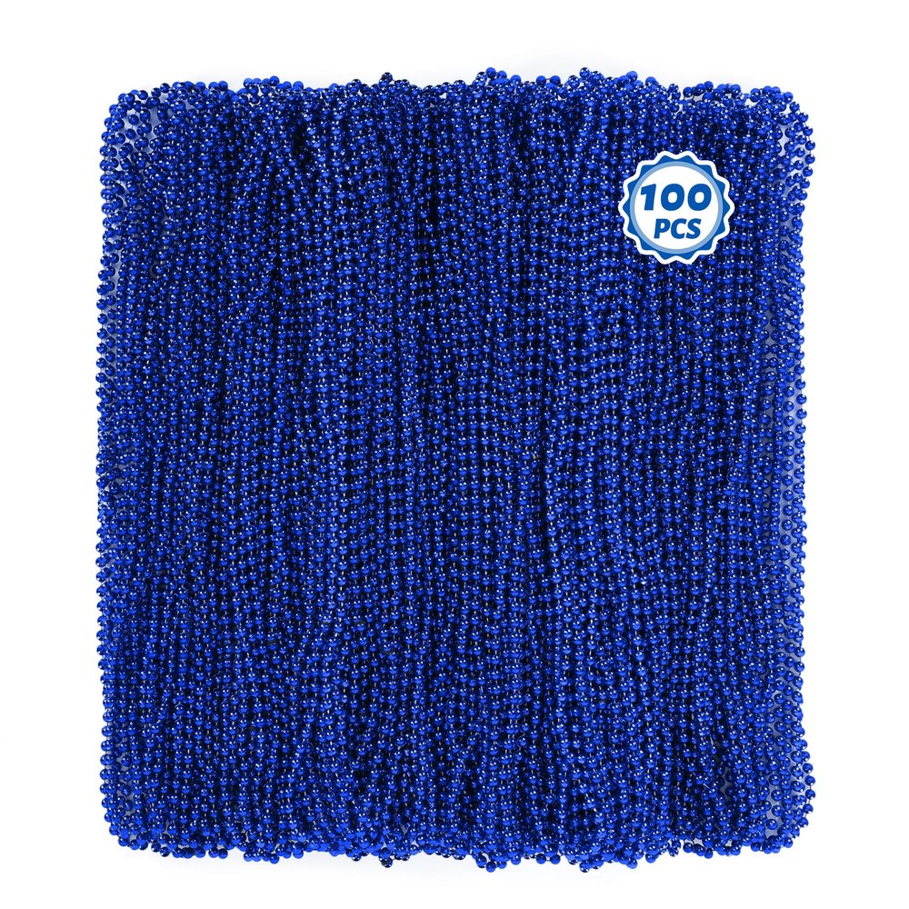 100 PCS Blue Mardi Gras Beads Necklaces, 33" Metallic Patriotic Carnival Beaded, 4th of July Costume Necklaces Bulk, Mardi Gras Accessories Set for Gender Reveal Parade Throws Party Decorations