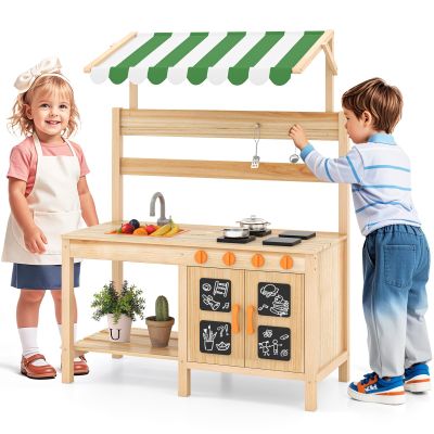 GLACER Mud Kitchen with Canopy, Wooden Mud Table w/Sink & Faucet, Storage Shelf & Cabinet, Chalkboard, Stoves, 2 Hooks, Cooking Accessories, Pretend Outdoor Play Kitchen, Gift for Toddlers Aged 3+