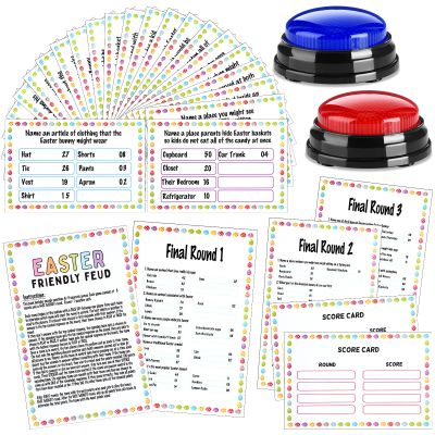 Soulchen 30 Pcs Easter Friendly Feud Games with 2 Buzzers for Family Game Night Fun Trivia Quiz for Party Office Class Groups Team