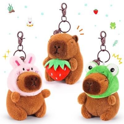 Achwishap 3PCS Capybara Plush Keychain,Cute Keychain Capybara Stuffed Animal,Soft Capybara Plush Toys Key Chain,Plushie Stuffed Toys for Birthday Valentines(Bunny Hat,Frog Hat,Holding Strawberry)