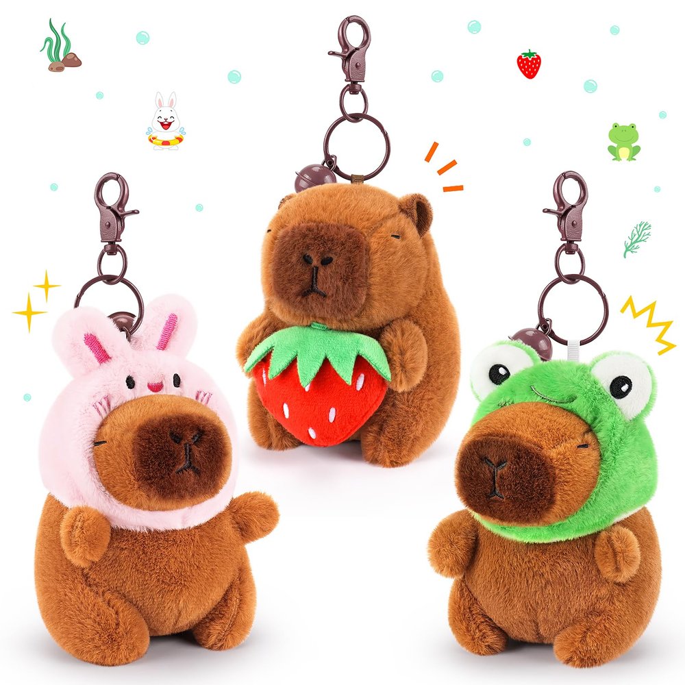 Achwishap 3PCS Capybara Plush Keychain,Cute Keychain Capybara Stuffed Animal,Soft Capybara Plush Toys Key Chain,Plushie Stuffed Toys for Birthday Valentines(Bunny Hat,Frog Hat,Holding Strawberry)