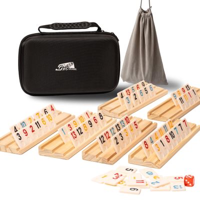 AEEMISEI 6 Players Rummy Cube Game with 6 Wooden Card Stands, 160 Colorful Rummy Cards, Exquisite Portable Box and Velvet Bag, Suitable for Family Gatherings and Travel Game Sets