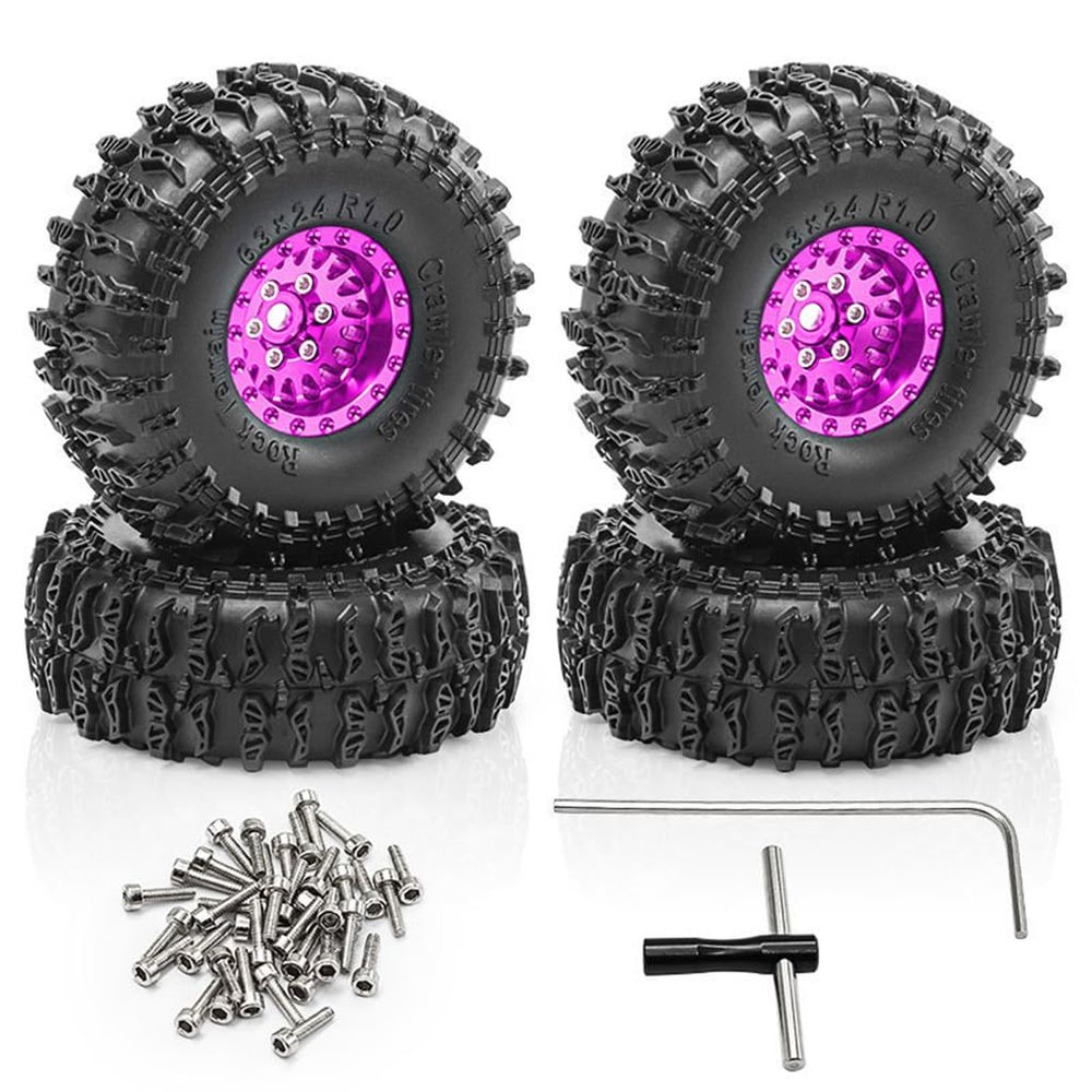 4PCS 1.0'' Aluminum Wheel Hub Wheel Rim Tires Wheels 63x24mm RC Upgraded Parts for SCX24 AX24 TRX4M 1/18 1/24 Crawler RC Climbing Car (Purple)