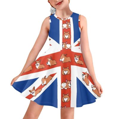 POLERO British Flag Dress for Girls 11-12T Union Jack Dresses Jubilee Costume Patriotic Party Outfits Cute Corgi Tank Sundress for Beach Vacation