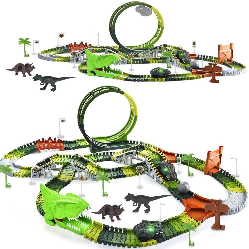 Dinosaur Toys for Kids 3-5, 286 Pcs Create A Dinosaur Toys Race Car for Toddlers, Flexible Track Playset with 2 Dinosaur Cars, Dinosaur Party Favors for 3 4 5 6 Year Old Boys Birthday Gift