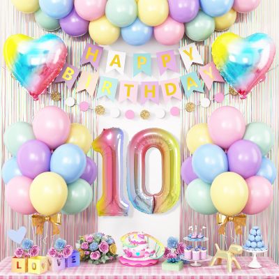 10th Birthday Decorations Rainbow,Gradient Number 10 Balloon,Pastel Happy Birthday Banner Fringe Curtain Heart Foil Balloons Boys Girls 10 Year Old Decor