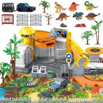 Frontoytall Dinosaur Toys Playset, Vehicles Construction Track Set with Map, Realistic Dinosaurs Figures, Parking Barrier, Crane & Cars, Educational STEM Learning for Kids Ages 3-12, (ASTM Certified)