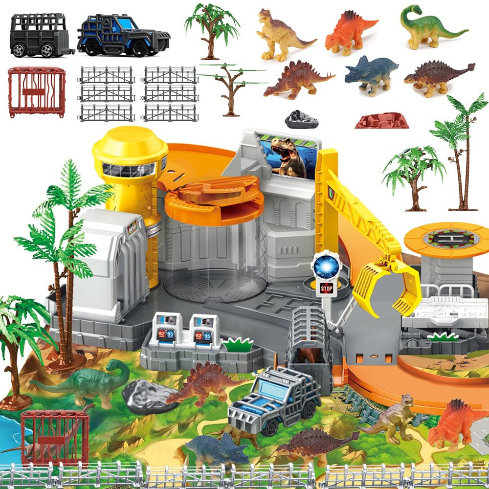 Frontoytall Dinosaur Toys Playset, Vehicles Construction Track Set with Map, Realistic Dinosaurs Figures, Parking Barrier, Crane & Cars, Educational STEM Learning for Kids Ages 3-12, (ASTM Certified)
