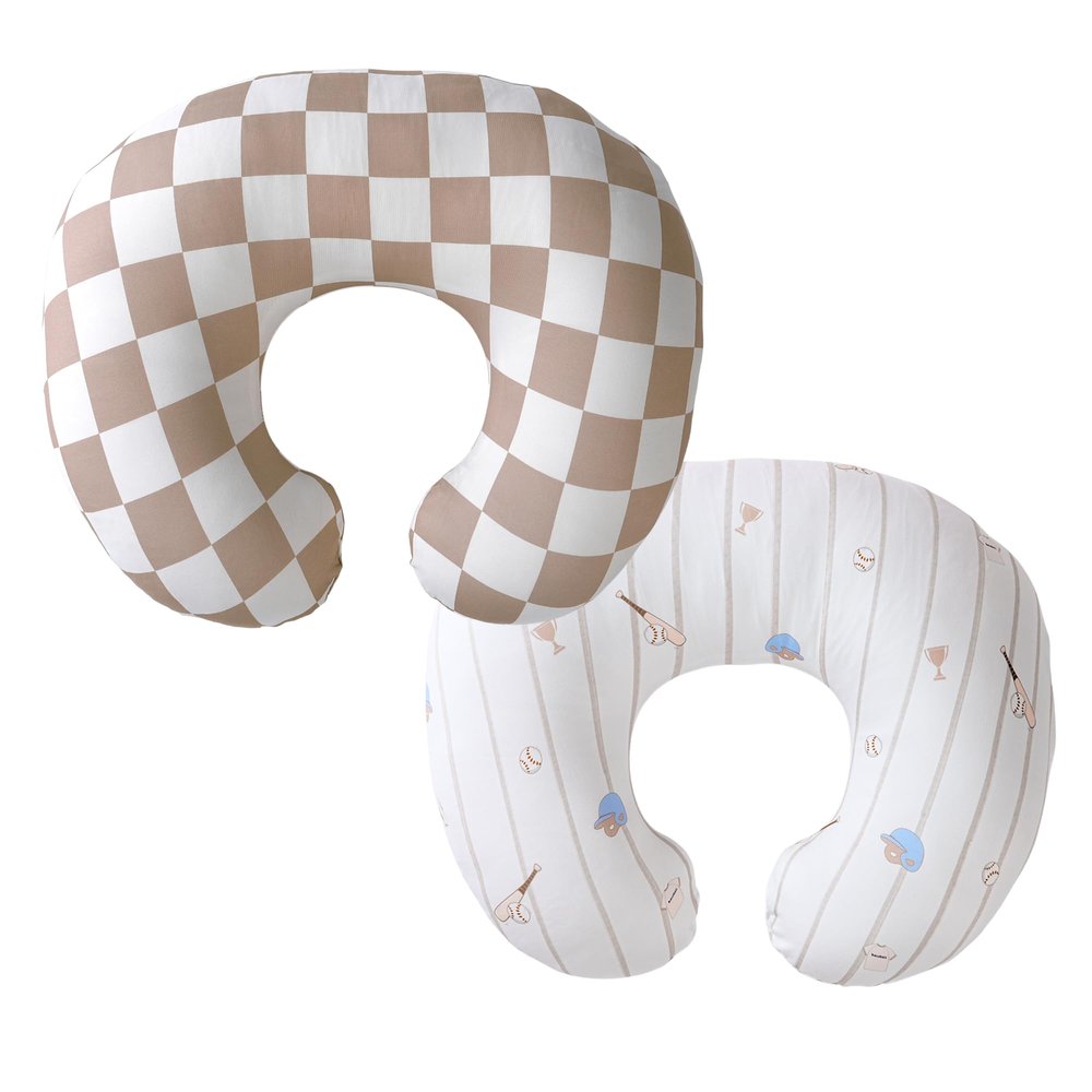 2-Pack Nursing Pillow Covers,Ultra-Soft Stretchy Breastfeeding Pillowcase for Baby Boys Girls, Fits 22.5"x18" Pillows,Removable Feeding Pillow Slipcovers for Newborn(Baseball & Brown Checkered)