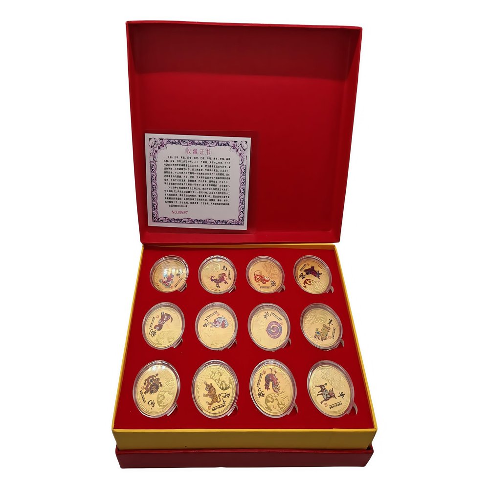 12-Piece Chinese Zodiac Lucky Coins Set, Electroplating Process Decision Coin, Lottery Scratch-Off Challenge Coin Ornaments, Birthday Christmas & New Year Collection Decorations