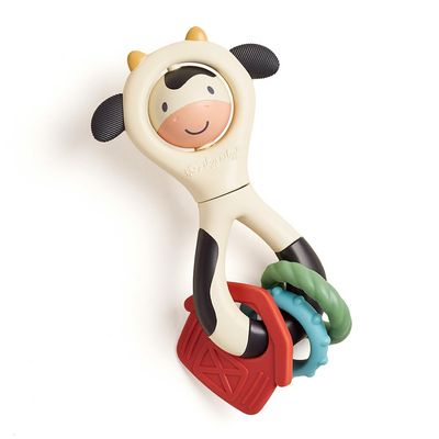 Itzy Ritzy Spinner Rattle Toy  Cow Design Sensory Teething Rattle Includes Spinning Face, Clicks, Rattles & Textured Teethers; Designed for Ages 3 Months and Up (Cow)