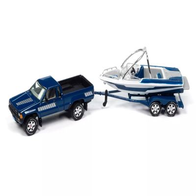 1/64 Johnny Lightning 1985 SR-5 Pickup with Speed Boat Trailer (Blue) Diecast Models - JLSP399