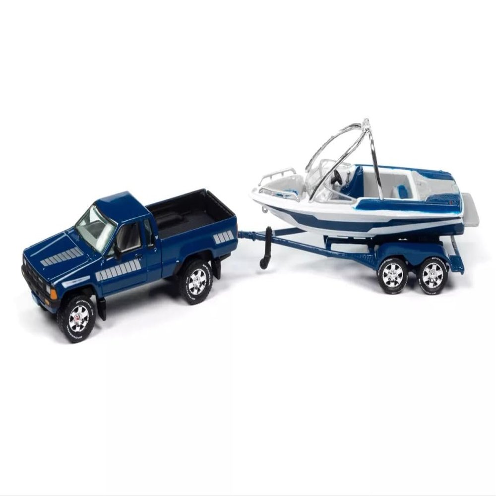 1/64 Johnny Lightning 1985 SR-5 Pickup with Speed Boat Trailer (Blue) Diecast Models - JLSP399