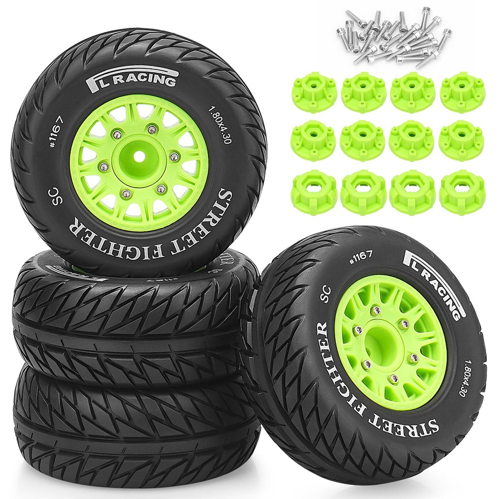12mm/14mm/17mm Hex RC Wheels and Tires RC Truck Tires 1/10 Scale Tyres Hex Detachable Replacement for Arrma Senton Slash Axial Redcat Rc4wd Fury (Green C)