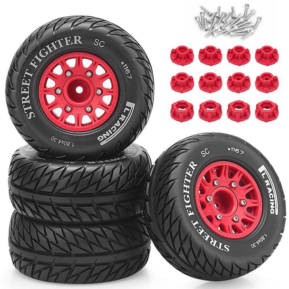 12mm/14mm/17mm Hex RC Wheels and Tires RC Truck Tires 1/10 Scale Tyres Hex Detachable Replacement for Arrma Senton Slash Axial Redcat Rc4wd Fury (Red C)