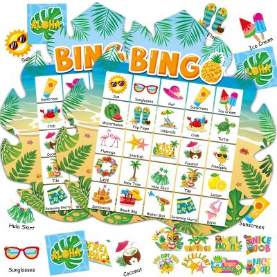 39Pcs Hawaiian Bingo Game for Adults Kids 24 Players Tropical Summer Palm Leaves Bingo Game Cards with Reward Stickers for Family Friend Student Large Group Activities Luau Theme Party Supplies Favors