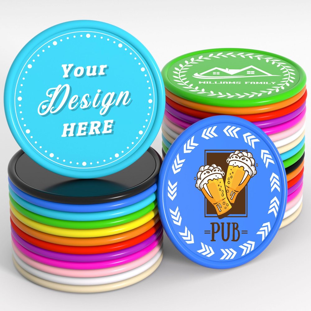 200-1000 Custom Plastic Poker Chips,Drink Chips,Personalized Your Own Logo, Image and Text, Double Sided Full Color Printing Custom Tokens For Bar, Events, Weddings, Business Card & Promotional Tokens