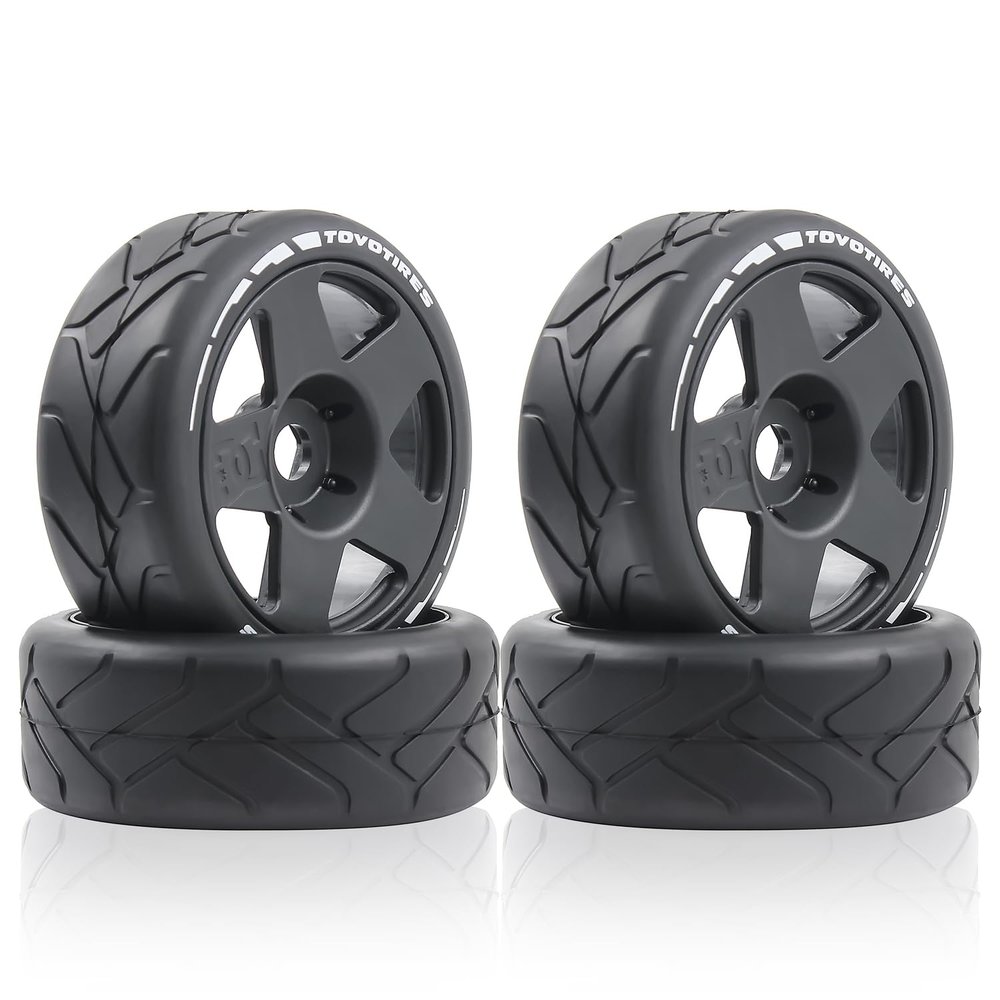 100mm 1/8 RC On-Road tire and Hard wheels Rim set 17mm Hex For 1/7 1/8 RC Rally Drift Car HPI VRX WR8 HSP Hobao Kyosho ARRMA Redcat Losi KM C3 Pegasus Mustang CNE Racing Car W50 (Black)