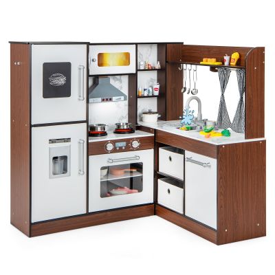 INFANS Corner Kids Kitchen Playset, Ultimate Wooden Pretend Cooking Toy Set with Real Running Water Circulation Light Sound Stove Storage Cabinet, Simulation Play Kitchen Gift for Girls Boys