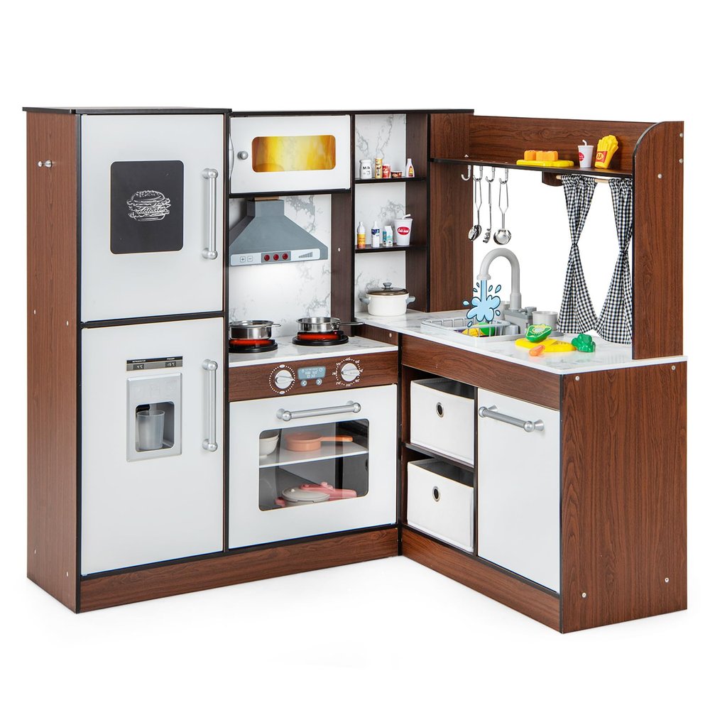 INFANS Corner Kids Kitchen Playset, Ultimate Wooden Pretend Cooking Toy Set with Real Running Water Circulation Light Sound Stove Storage Cabinet, Simulation Play Kitchen Gift for Girls Boys