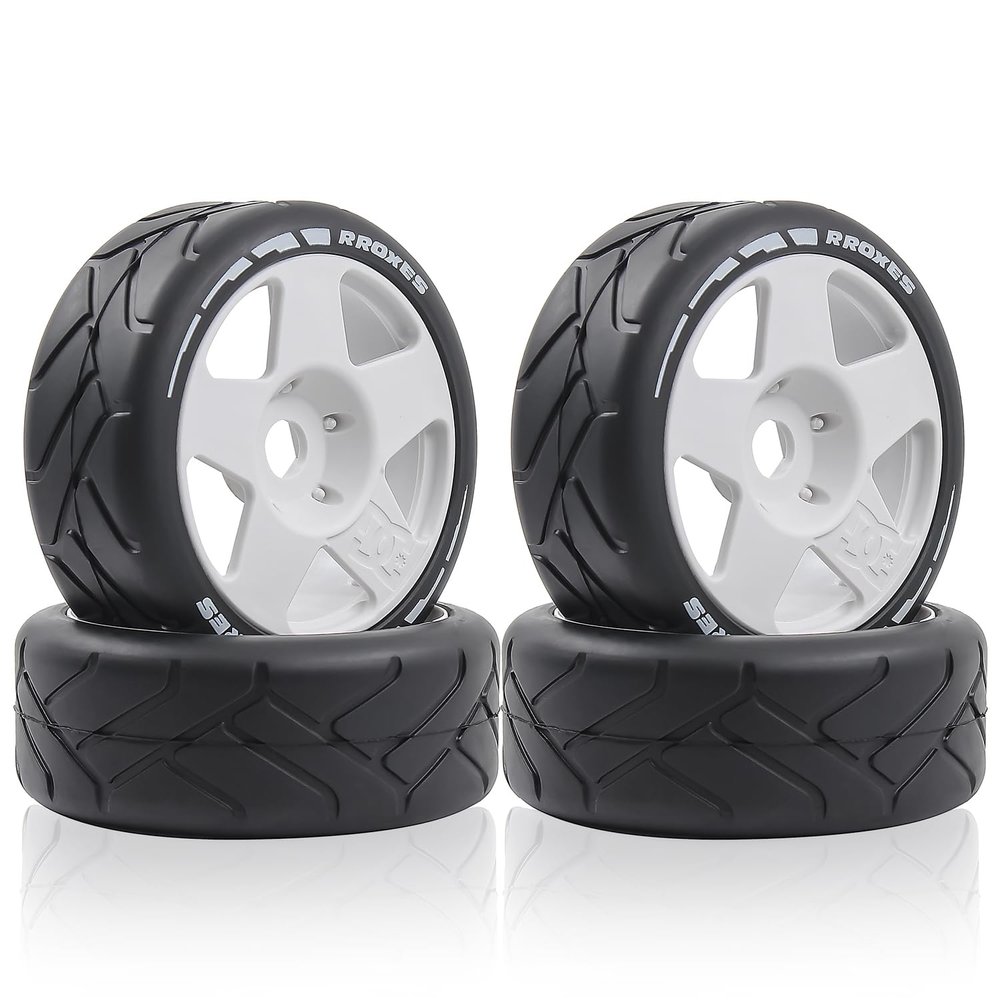 100mm 1/8 RC On-Road tire and Hard wheels Rim set 17mm Hex For 1/7 1/8 RC Rally Drift Car HPI VRX WR8 HSP Hobao Kyosho ARRMA Redcat Losi KM C3 Pegasus Mustang CNE Racing Car W50 (White)