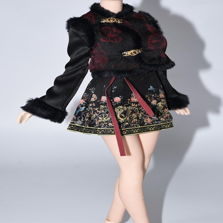 1/6 Scale Female Figure Clothes Ancient Asian Traditional Split Skirt Set for 12inch Action Figure, 1/6 Ancient Female Action Figure Dress Suit Accessory (Black & Gold Skirt)