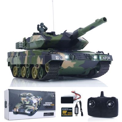 wheelfun Henglong 3809 2.4GHz 1/24 RC Tank Leopard 2 A5 Remote Control Battle Tank Model BB Shooting Firing Effects Infrared Battle Spray Water Simulated Light Sound Hobby Grade Model