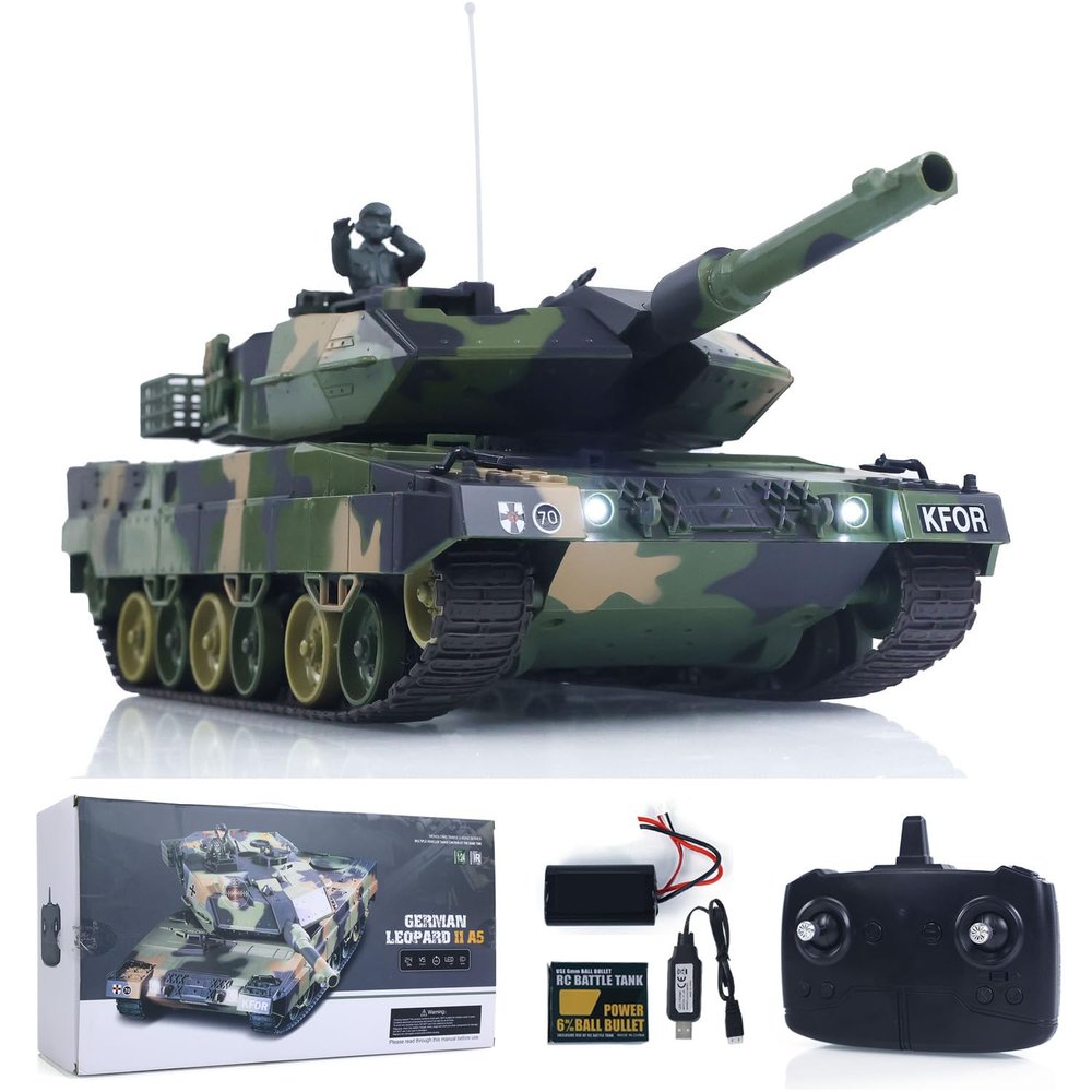 wheelfun Henglong 3809 2.4GHz 1/24 RC Tank Leopard 2 A5 Remote Control Battle Tank Model BB Shooting Firing Effects Infrared Battle Spray Water Simulated Light Sound Hobby Grade Model