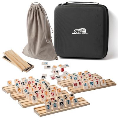 AEEMISEI 6-8 Players Rummy Cube Game with 8 Wooden Card Stands, 214 Colorful Rummy Cards, Exquisite Portable Box and Velvet Bag, Suitable for Family Gatherings and Travel Game Sets