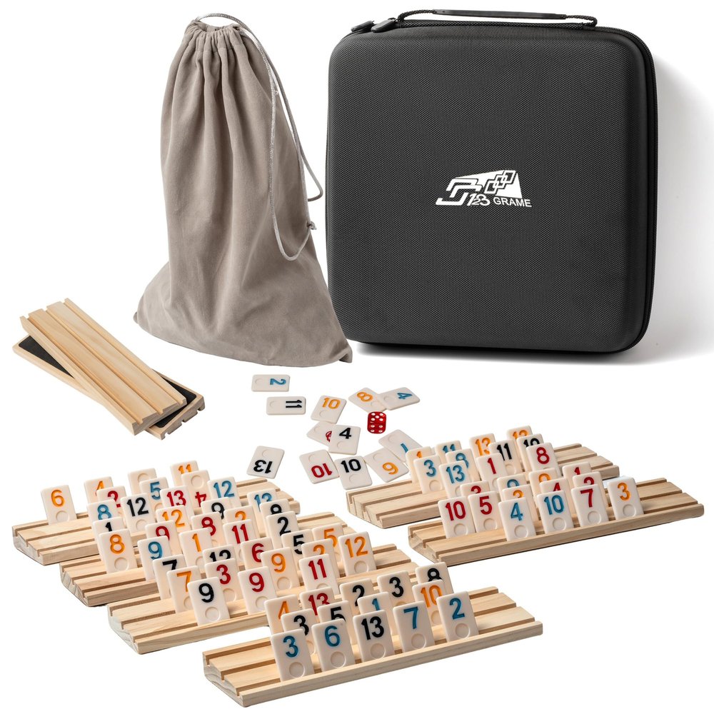 AEEMISEI 6-8 Players Rummy Cube Game with 8 Wooden Card Stands, 214 Colorful Rummy Cards, Exquisite Portable Box and Velvet Bag, Suitable for Family Gatherings and Travel Game Sets